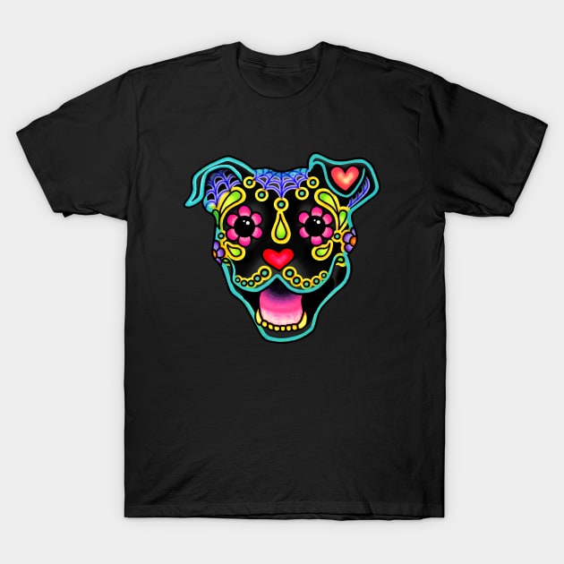 Smiling Pit Bull in Black - Day of the Dead Pitbull Sugar Skull Dog T-Shirt by prettyinink